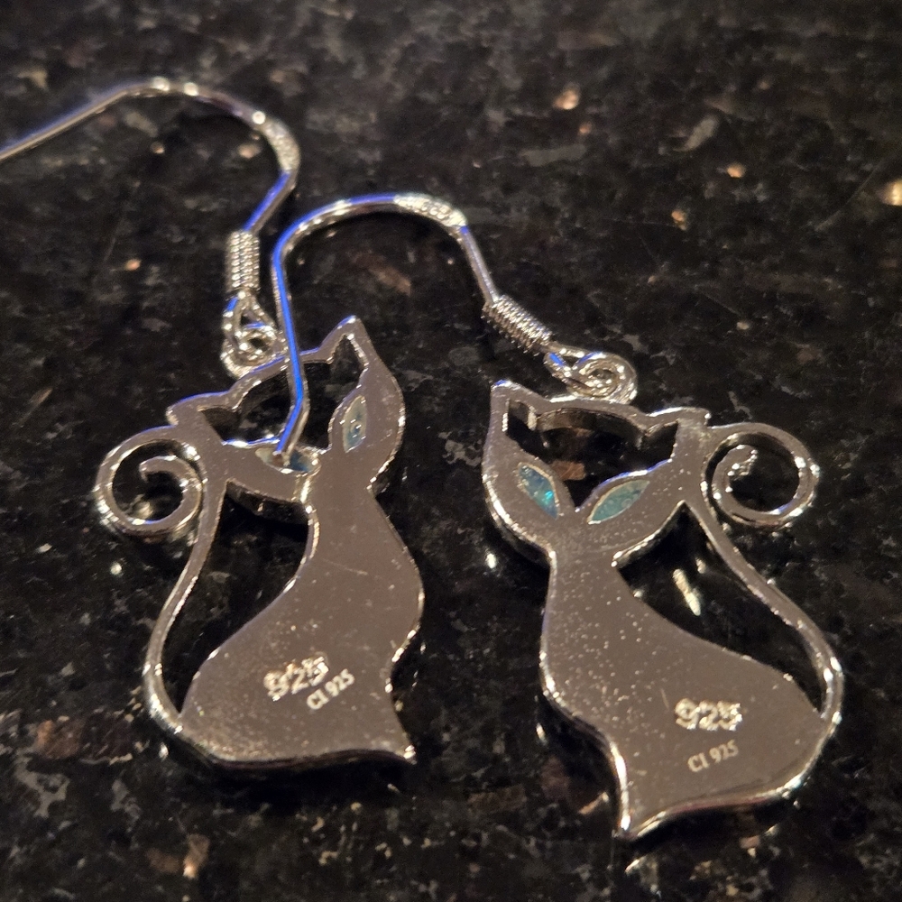 Created Blue Opaline Cat Earrings Sterling Silver Kitty Stylized Dangle … - Picture 6 of 9